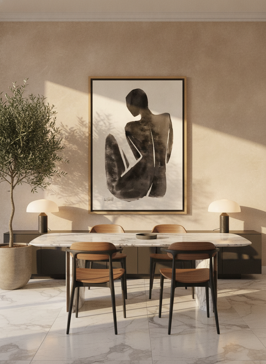 Oversized statement canvas wall art with a natural timber surround styled on the wall in a luxe dining room