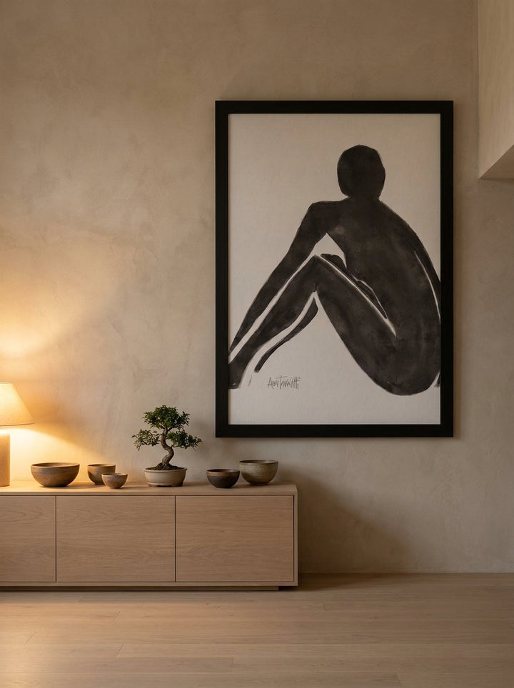 Oversized statement modern wall art print styled on the wall in a warm Japandi living room