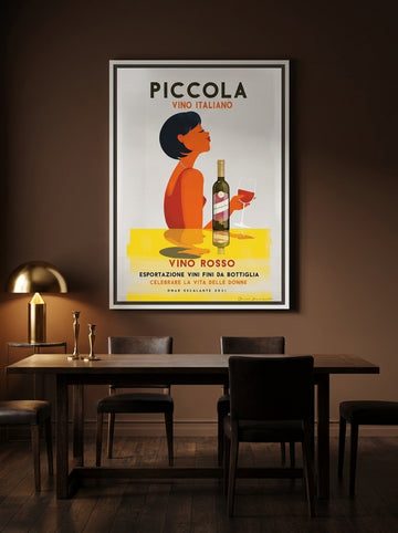 Oversized statement canvas wall art with a white surround styled on the wall in a moody dining room