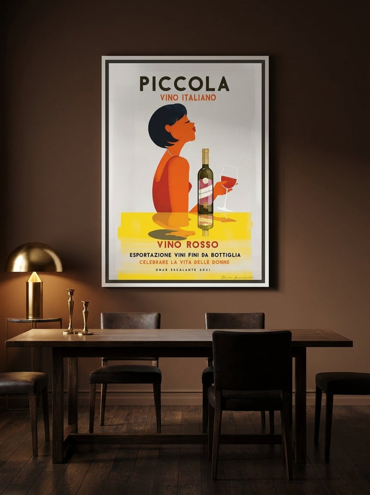 Oversized statement canvas wall art with a white surround styled on the wall in a moody dining room