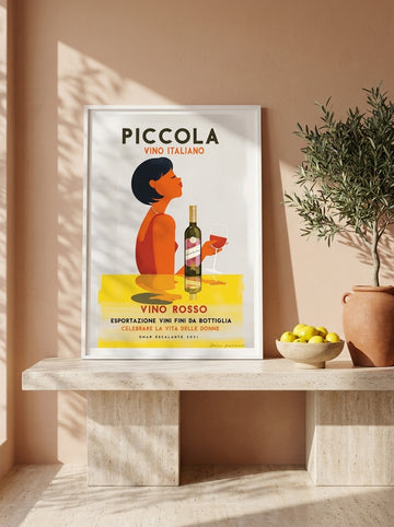 Modern wall art print standing on a console in a Mediterranean living room