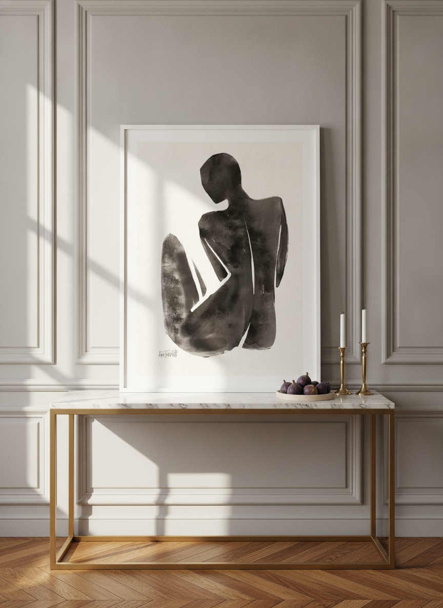 Modern wall art print standing on a console in a Parisian living room
