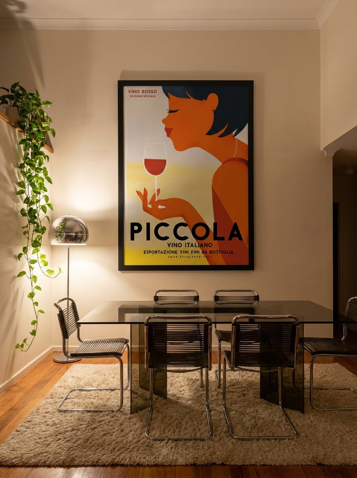 Oversized statement modern wall art print styled on the wall in a retro 70s dining room