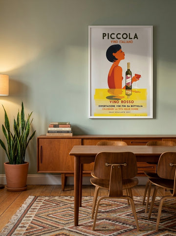 Modern wall art print styled on the wall in a mid-century dining room
