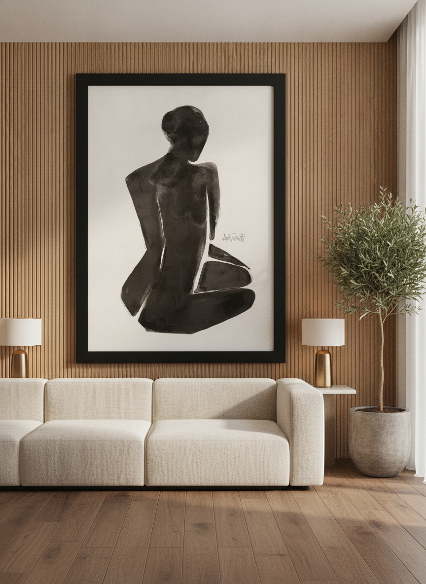 Oversized statement modern wall art print styled on the wall in a luxe living room