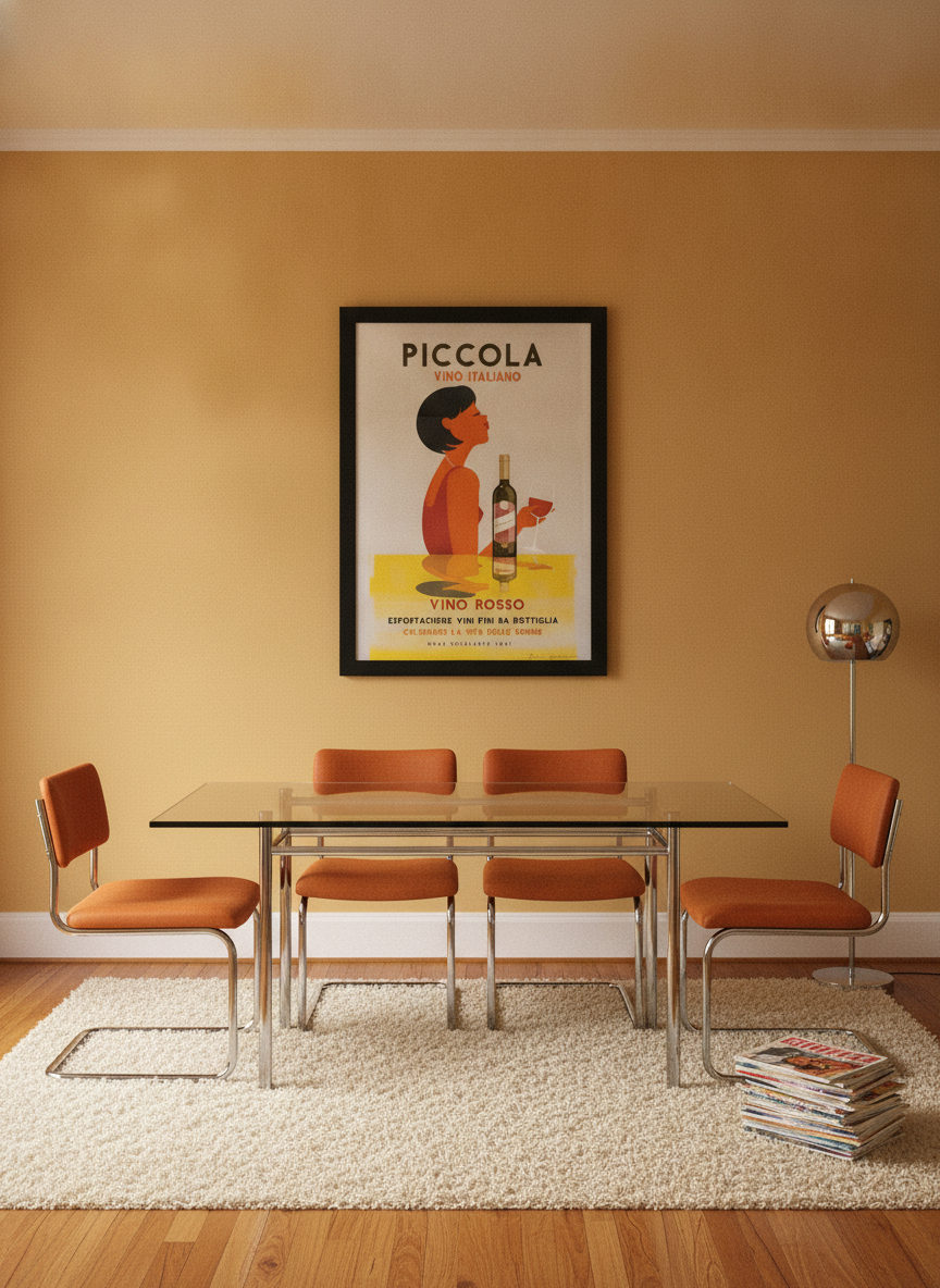 Oversized statement modern wall art print styled on the wall in a retro 70s dining room