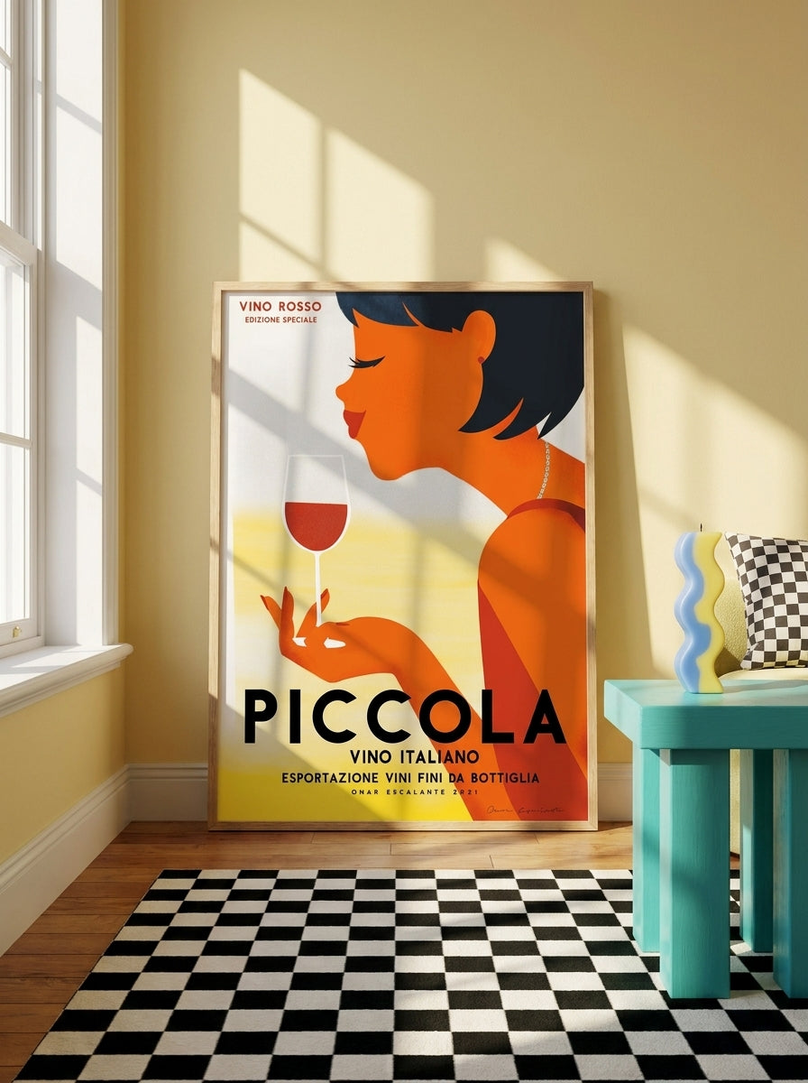 Oversized statement modern wall art print leaning against the wall in a colourful eclectic bedroom