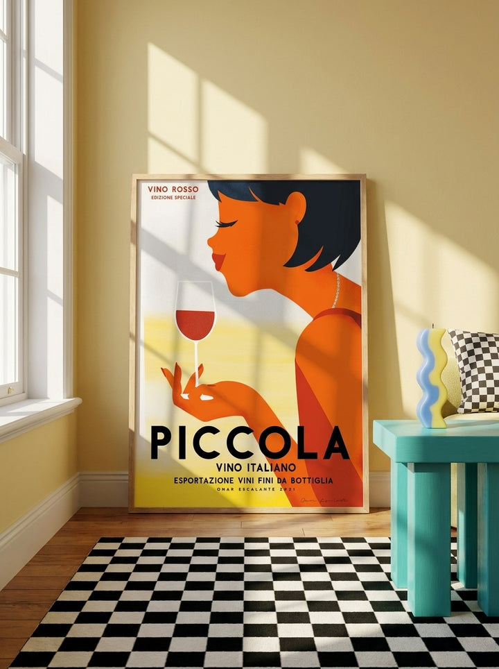 Oversized statement modern wall art print leaning against the wall in a colourful eclectic bedroom