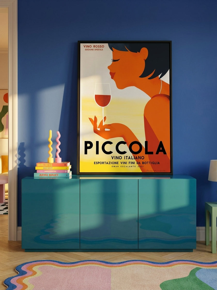 Canvas wall art with a black surround standing on a sideboard in a colourful eclectic dining room