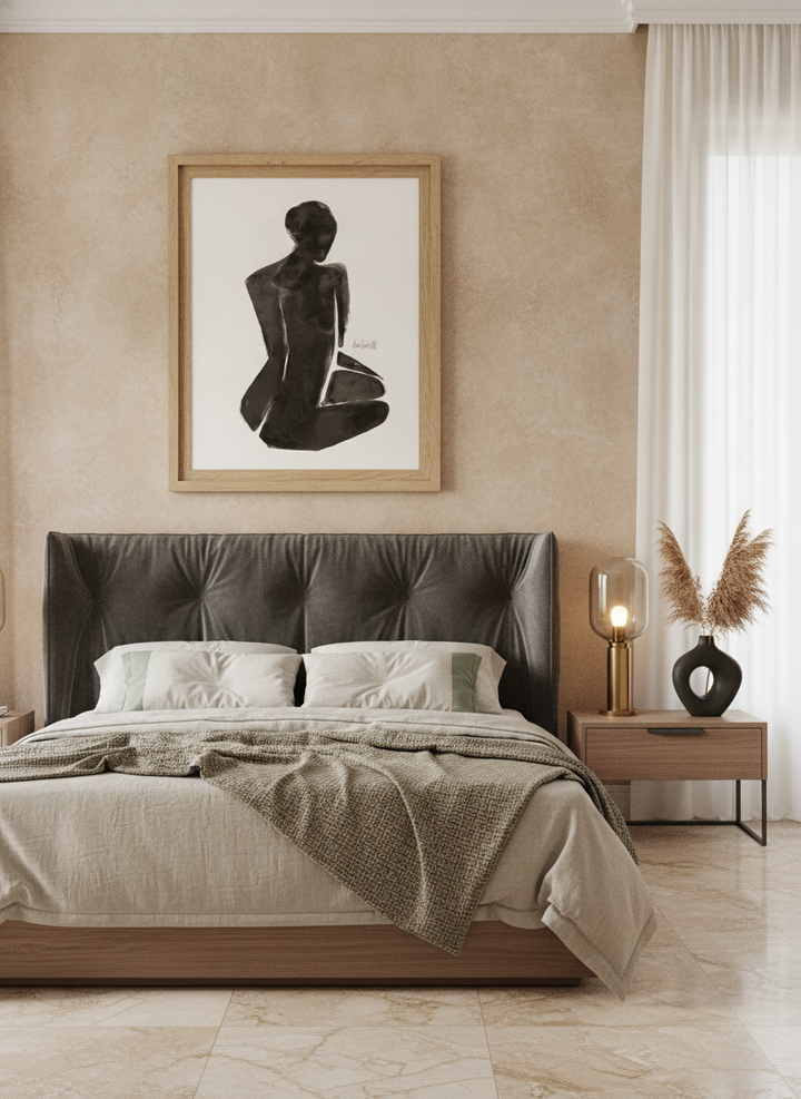 Oversized statement modern wall art print styled on the wall in a luxe bedroom