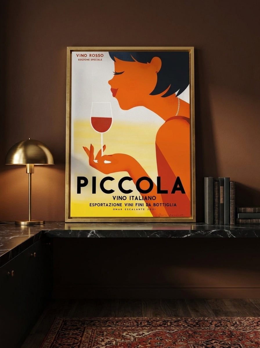 Canvas wall art with a gold leaf surround standing on a kitchen bench in a moody kitchen