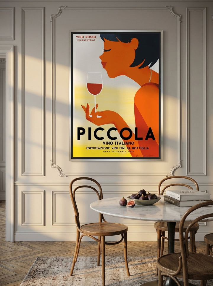 Oversized statement canvas wall art with a silver leaf surround styled on the wall in a Parisian dining room