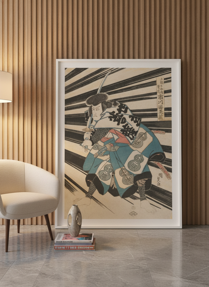 Oversized statement modern wall art print leaning against the wall in a luxe dining room