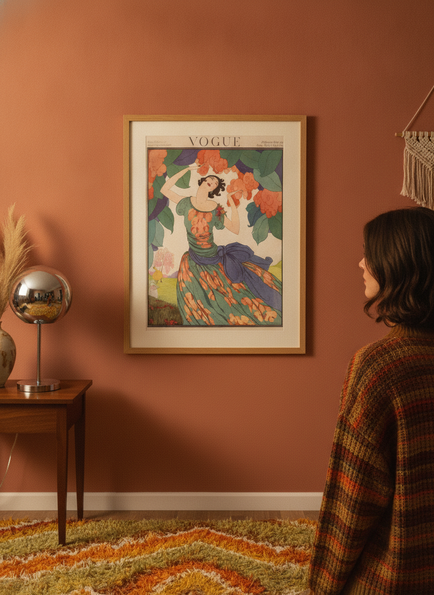 Person holding modern wall art print in a retro 70s living room
