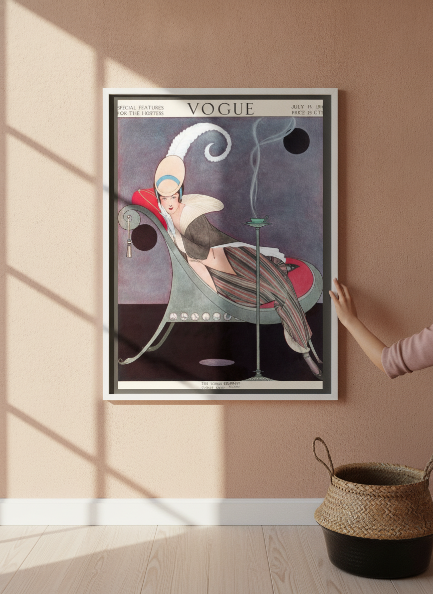 Person holding canvas wall art with a white surround in a Mediterranean living room