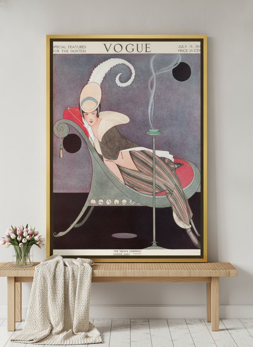 Canvas wall art with a gold leaf surround standing on a bench in a bright Scandinavian bedroom