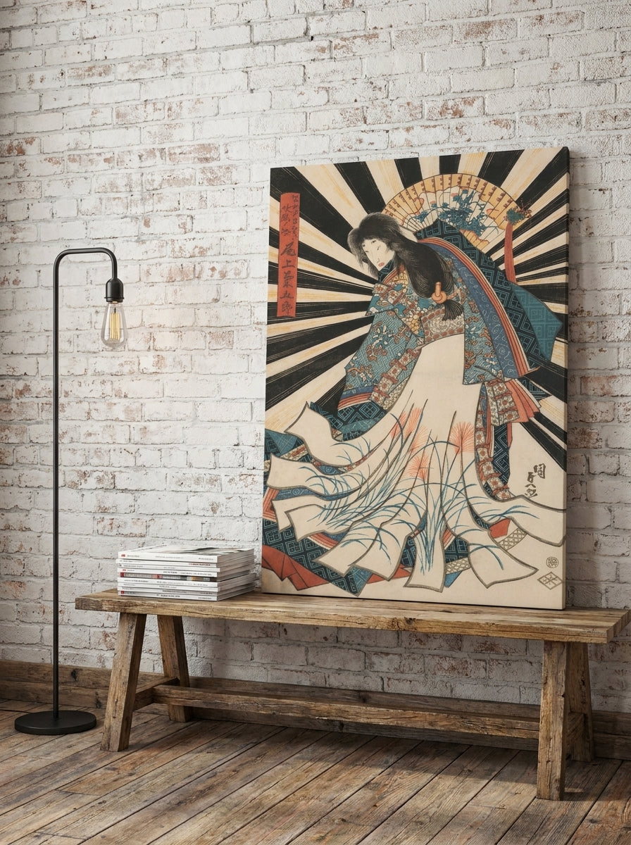 Stretched canvas wall art standing on a bench in an industrial loft home office