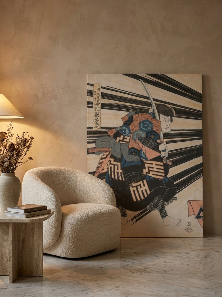 Stretched canvas wall art leaning against the wall in a luxe bedroom