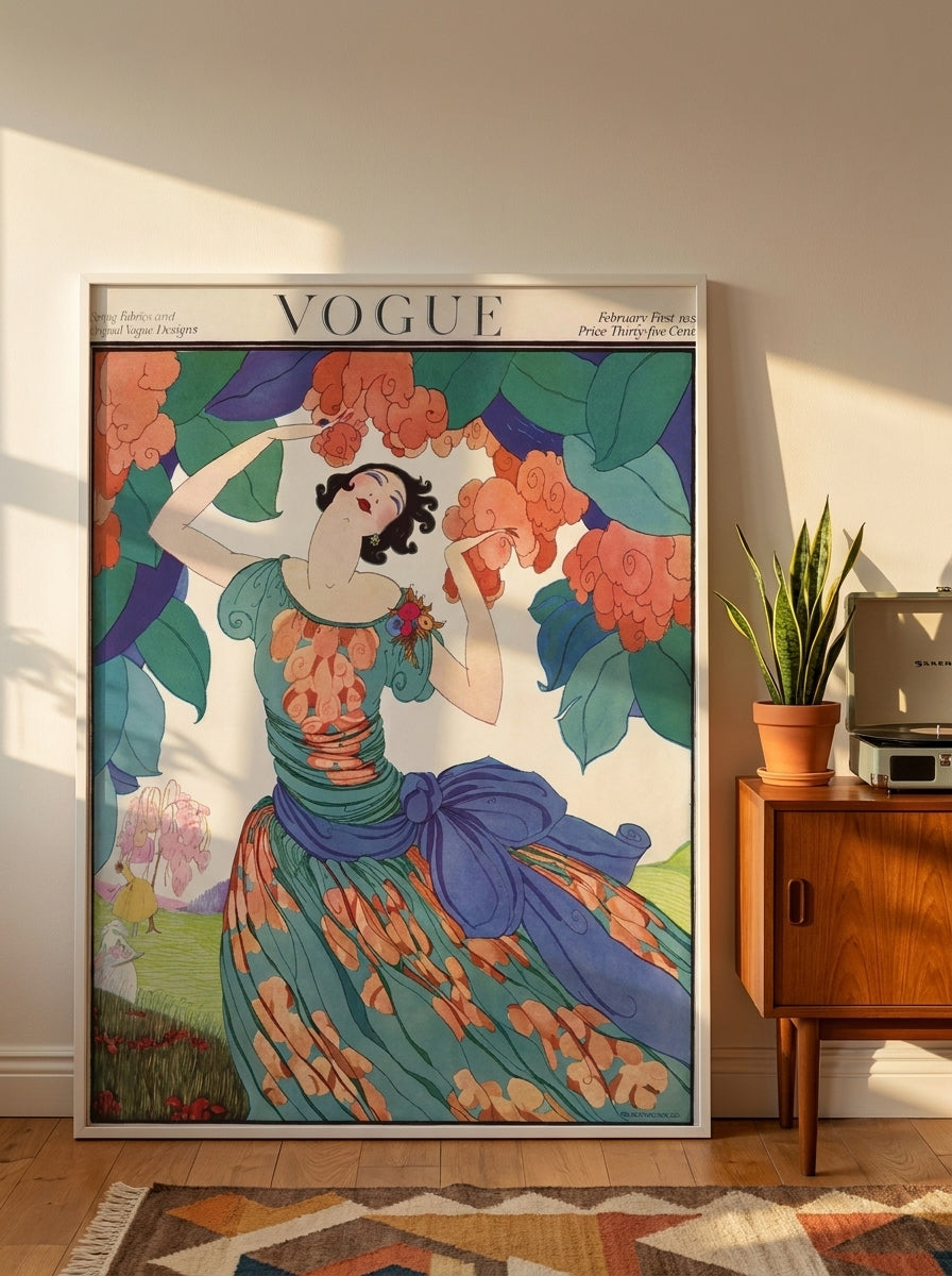Oversized statement modern wall art print leaning against the wall in a mid-century living room
