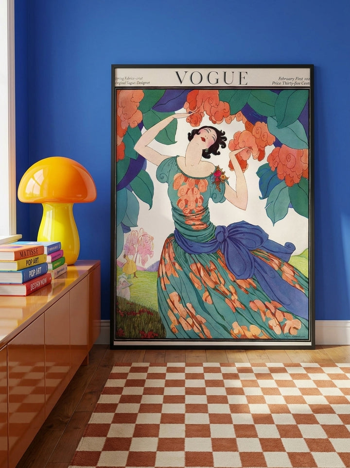 Modern wall art print standing on a sideboard in a colourful eclectic bedroom