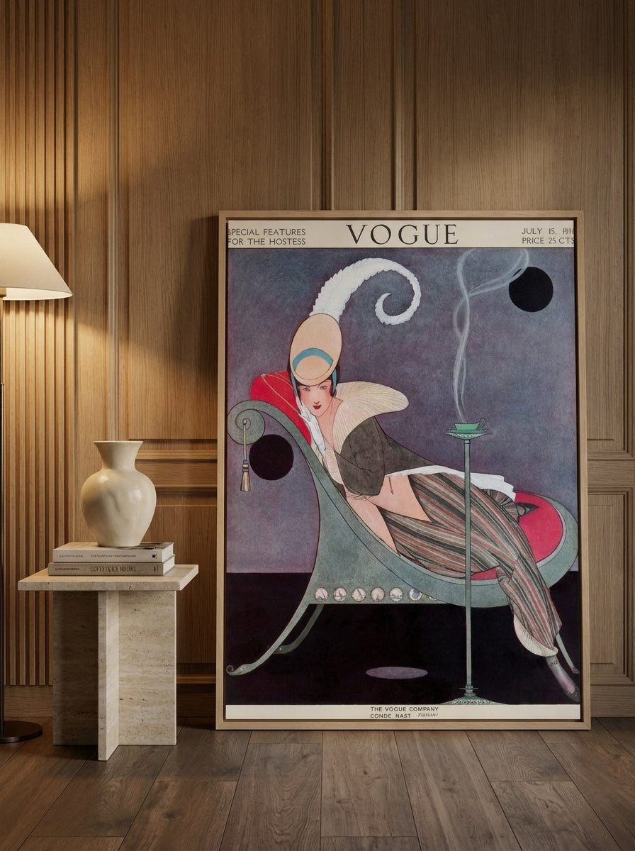 Oversized statement canvas wall art with a natural timber surround leaning against the wall in a luxe dining room