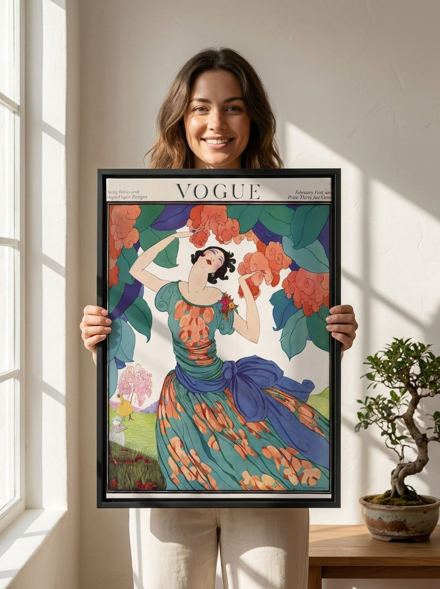 Person holding canvas wall art with a black surround in a warm Japandi living room