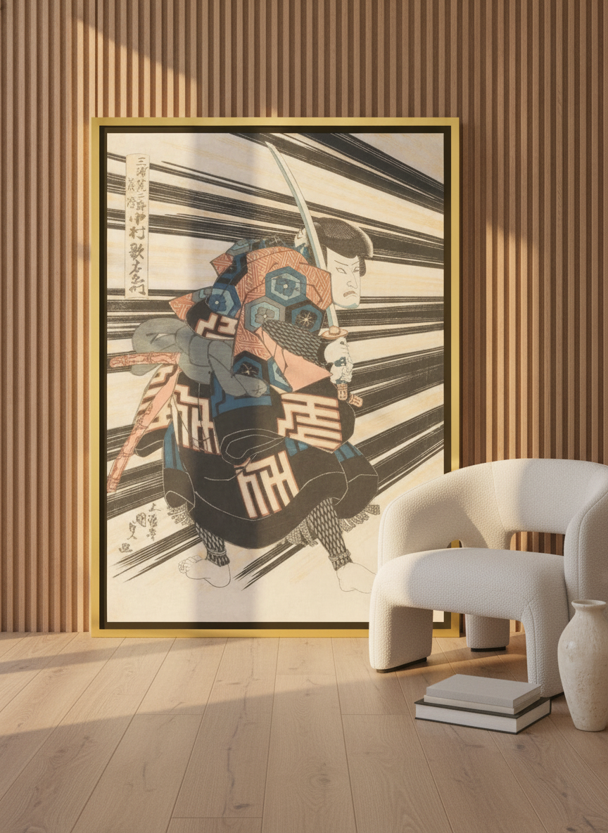 Oversized statement canvas wall art with a gold leaf surround leaning against the wall in a luxe bedroom