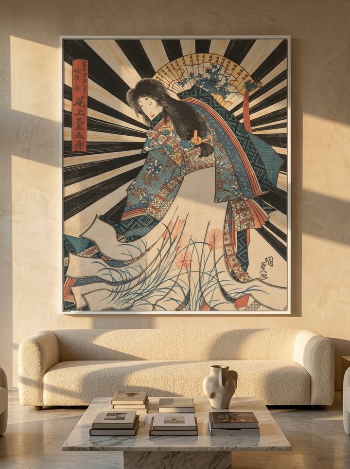 Oversized statement modern wall art print styled on the wall in a luxe living room