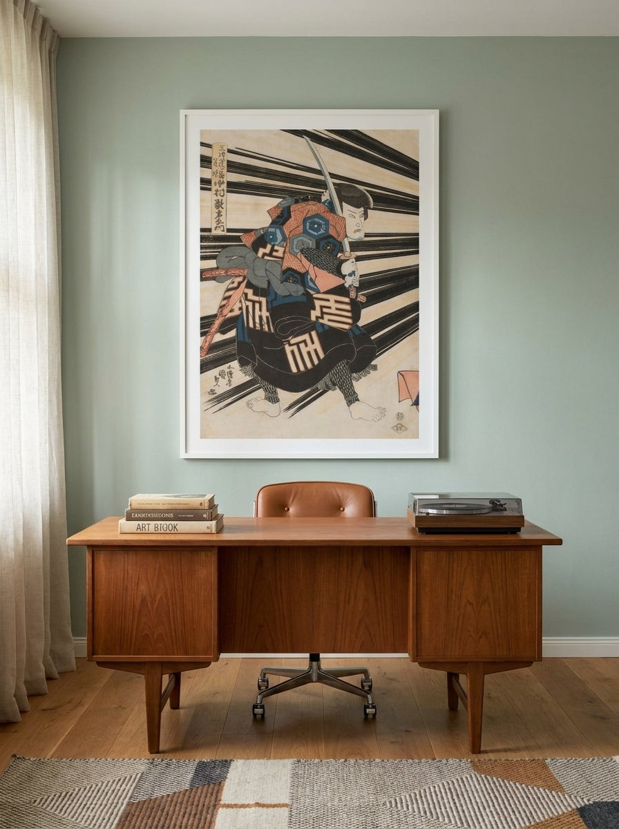 Modern wall art print styled on the wall in a mid-century home office