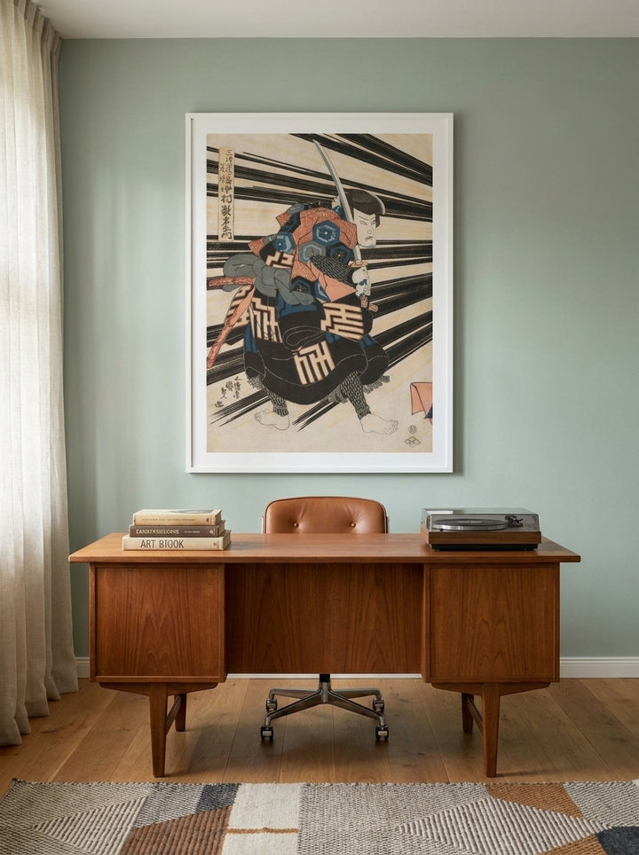 Modern wall art print styled on the wall in a mid-century home office