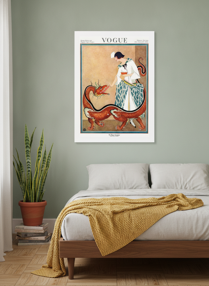 Modern wall art print styled on the wall in a mid-century bedroom
