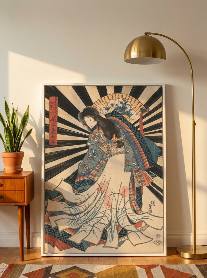 Canvas wall art with a white surround leaning against the wall in a mid-century bedroom