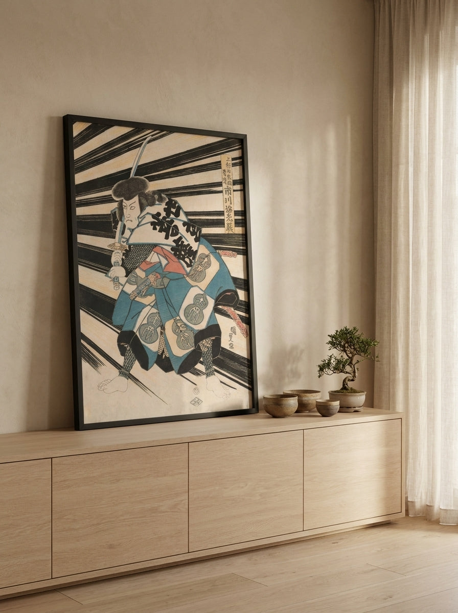 Modern wall art print standing on a sideboard in a warm Japandi home office