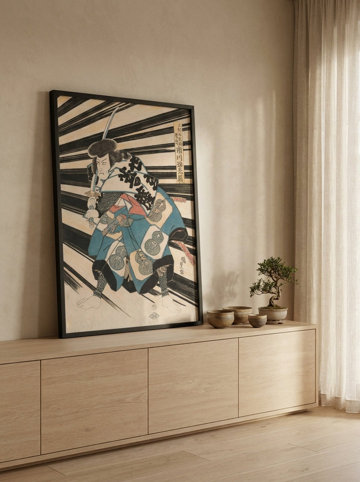 Modern wall art print standing on a sideboard in a warm Japandi home office