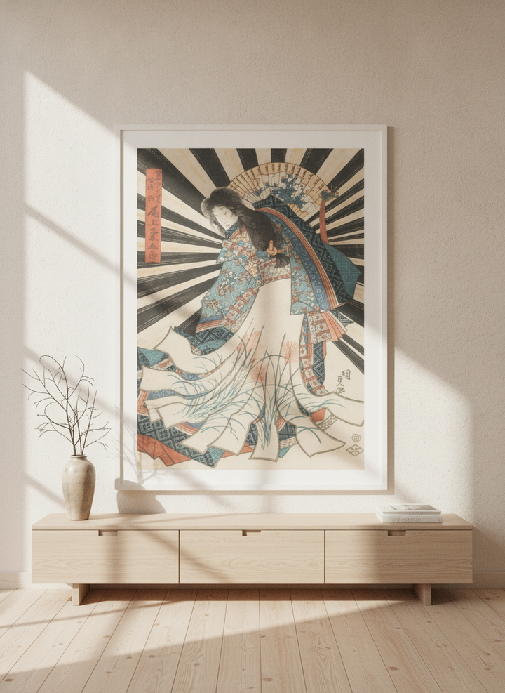 Oversized statement modern wall art print styled on the wall in a warm Japandi living room