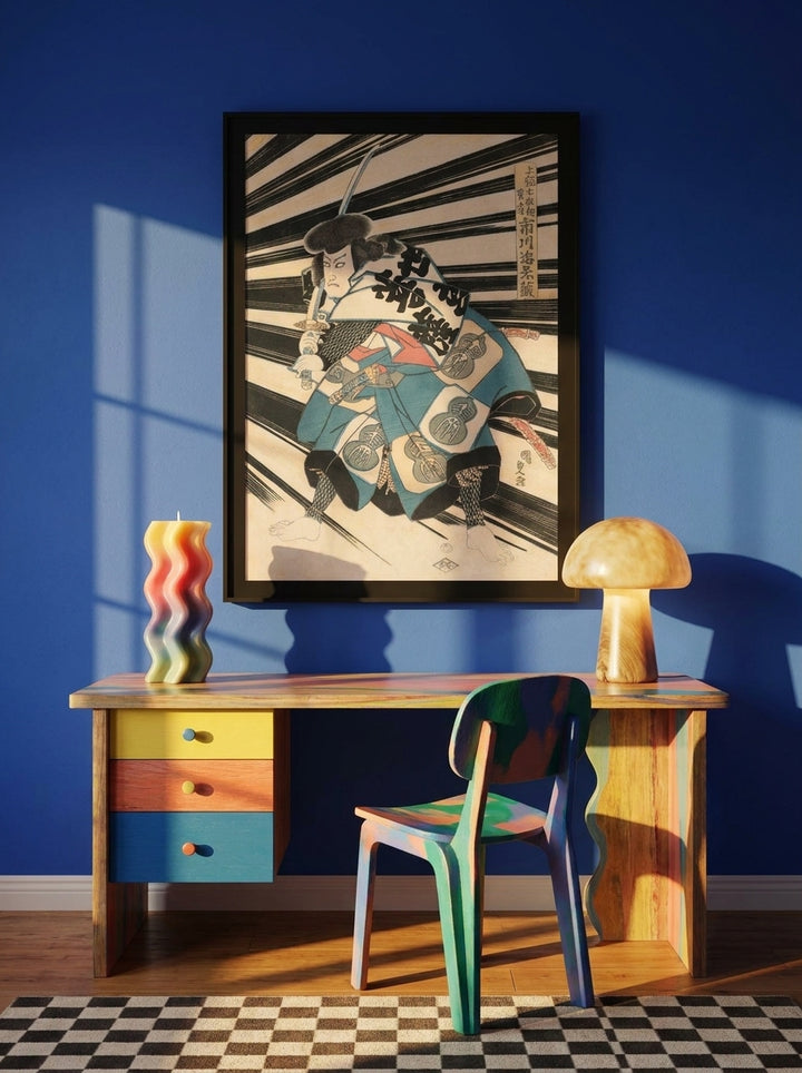 Modern wall art print styled on the wall in a colourful eclectic home office
