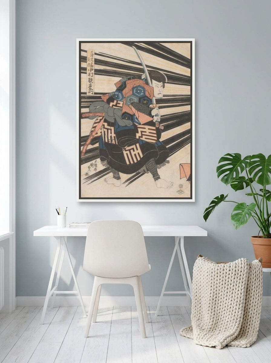 Canvas wall art with a white surround styled on the wall in a bright Scandinavian home office