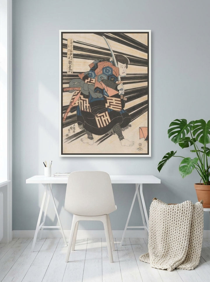 Canvas wall art with a white surround styled on the wall in a bright Scandinavian home office