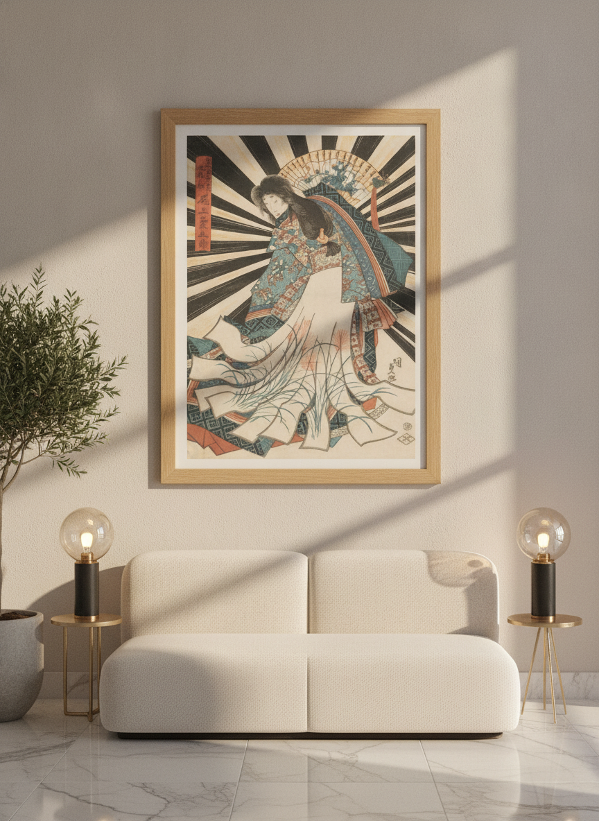 Modern wall art print styled on the wall in a luxe living room