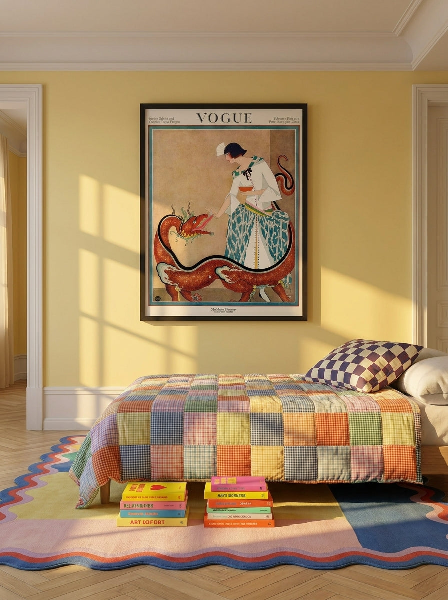 Oversized statement modern wall art print styled on the wall in a colourful eclectic bedroom