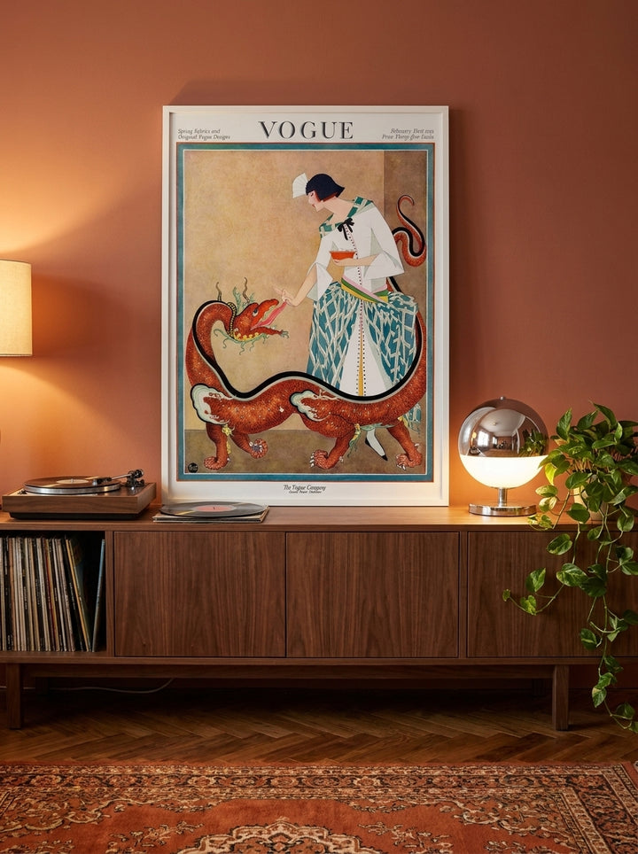 Modern wall art print standing on a sideboard in a retro 70s home office