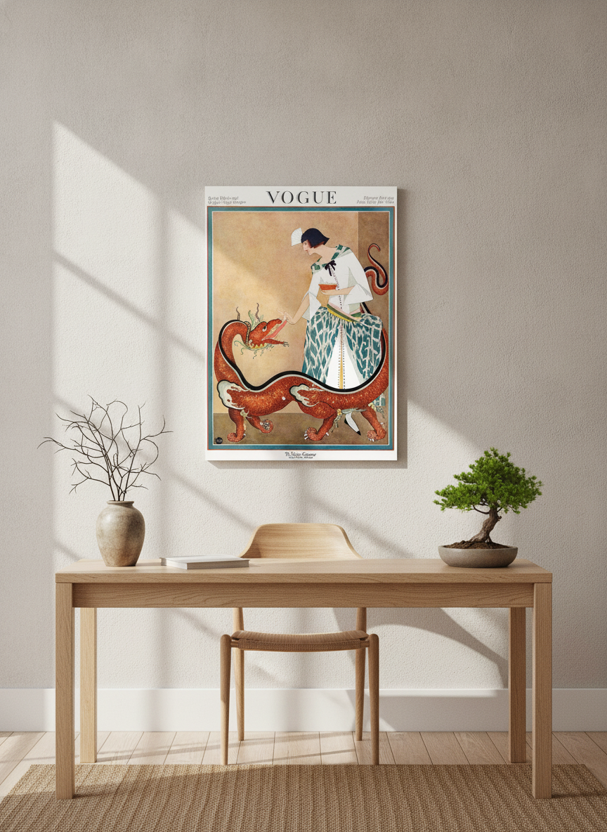 Stretched canvas wall art styled on the wall in a warm Japandi home office