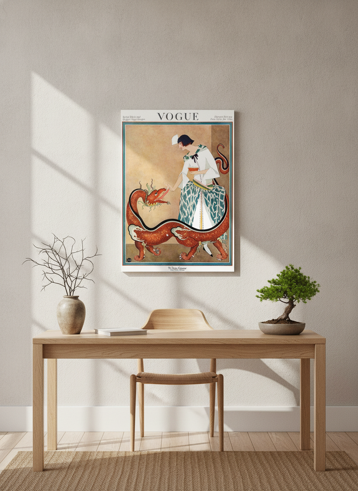 Stretched canvas wall art styled on the wall in a warm Japandi home office