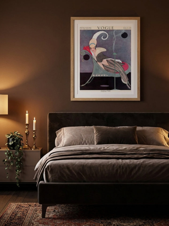 Modern wall art print styled on the wall in a moody bedroom