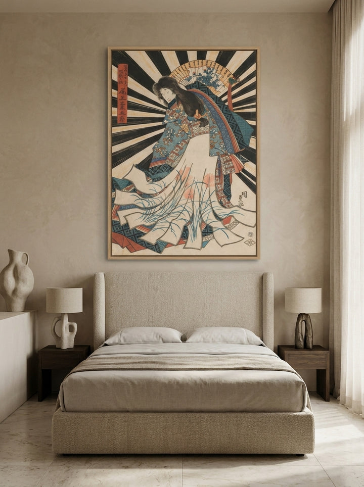 Oversized statement canvas wall art with a natural timber surround styled on the wall in a luxe bedroom
