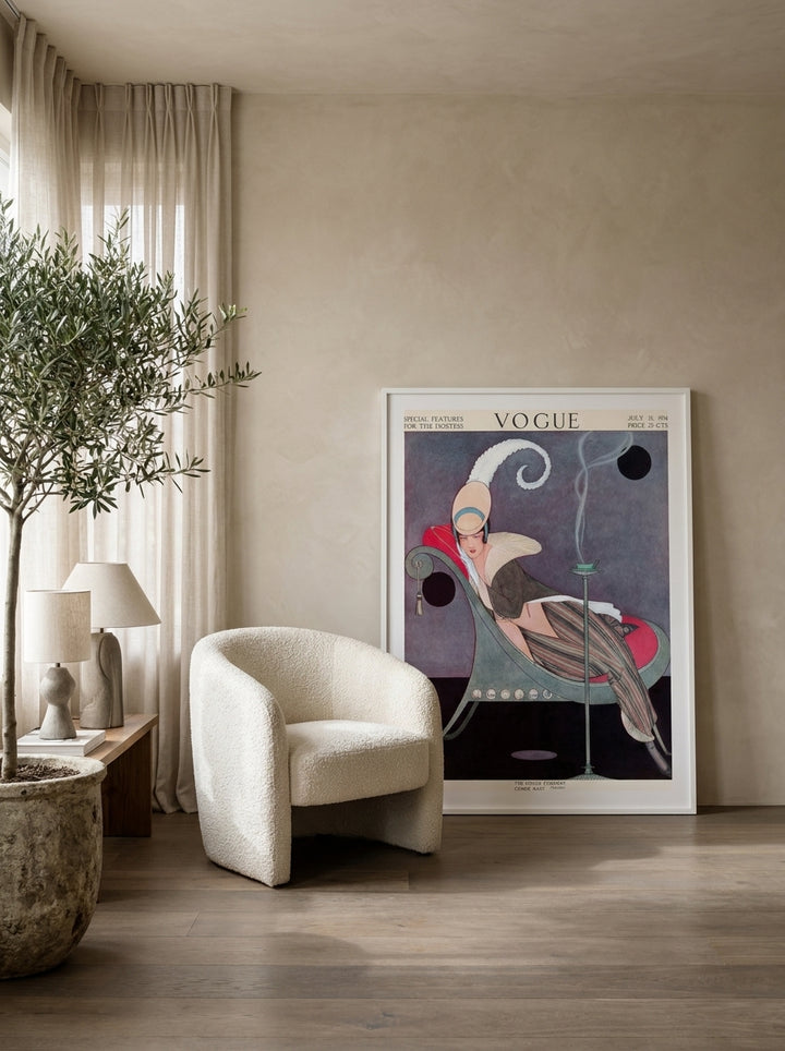 Modern wall art print leaning against the wall in a luxe dining room