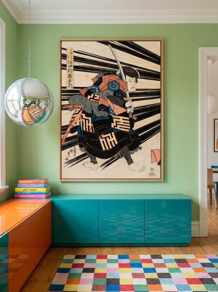 Oversized statement canvas wall art with a natural timber surround styled on the wall in a colourful eclectic living room