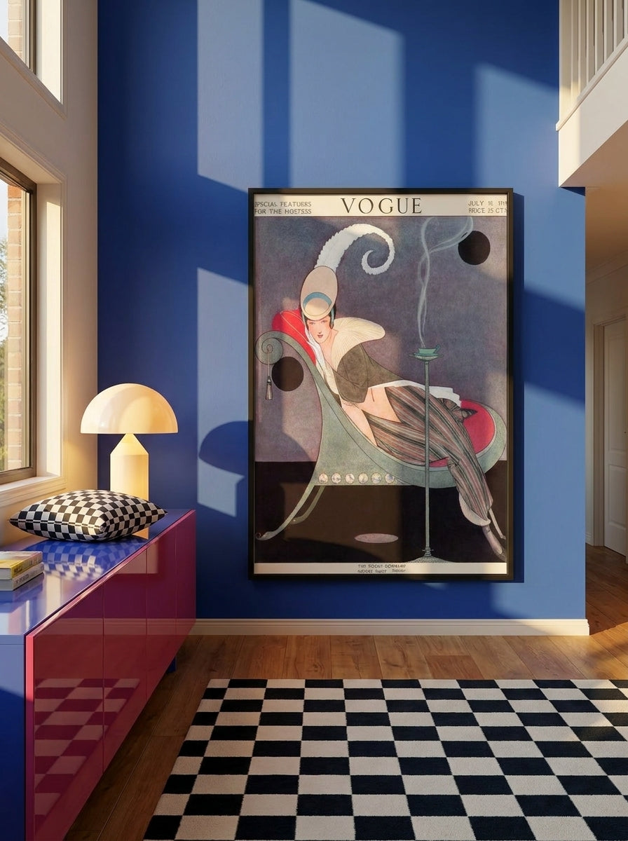Oversized statement modern wall art print styled on the wall in a colourful eclectic living room
