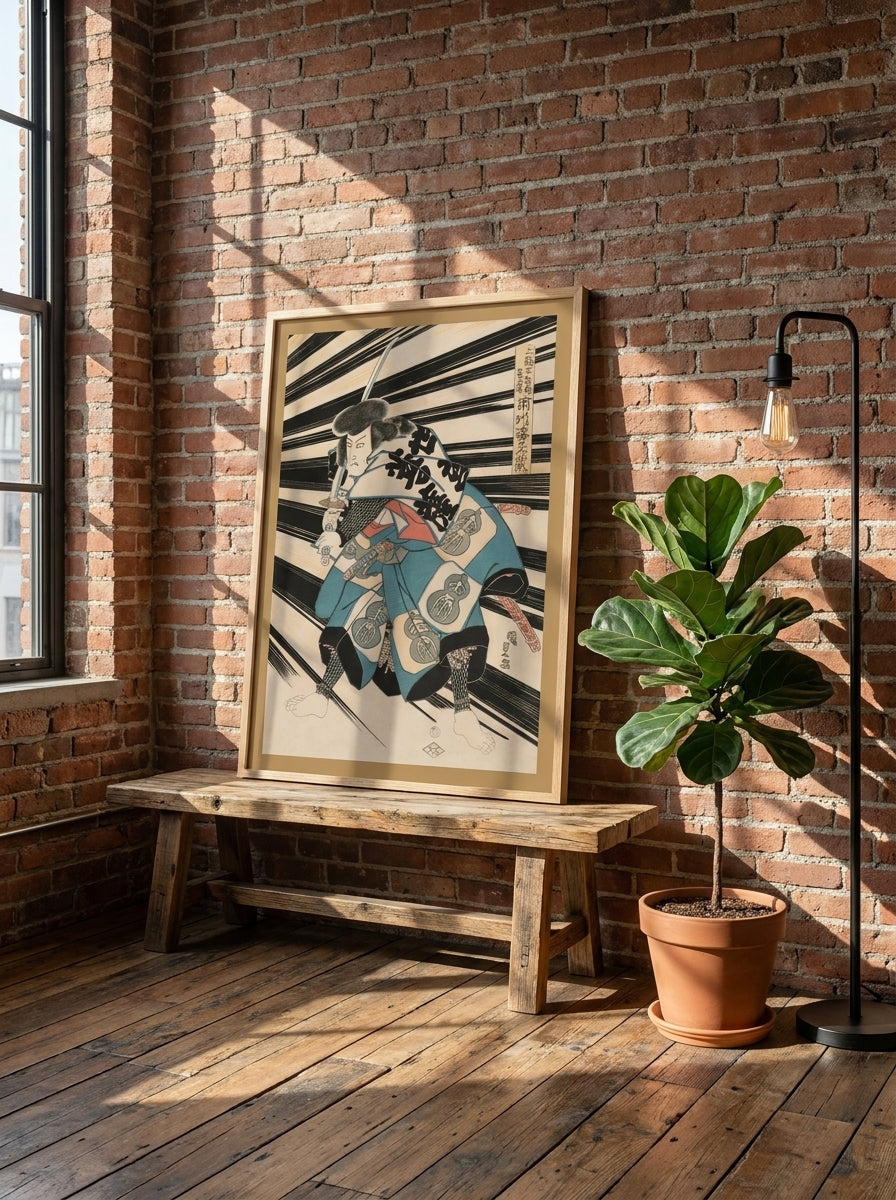 Modern wall art print standing on a bench in an industrial loft living room