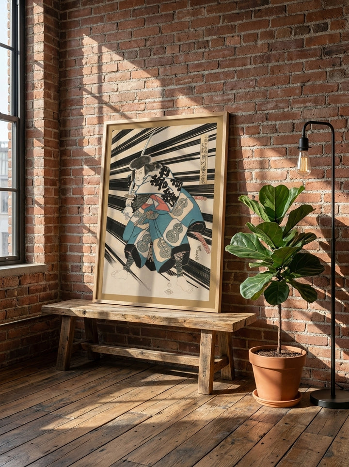 Modern wall art print standing on a bench in an industrial loft living room